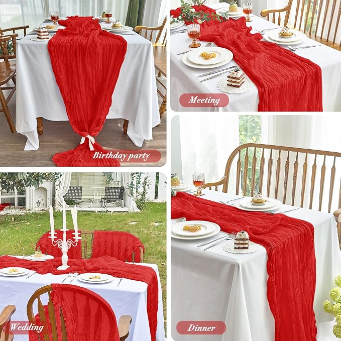IVAPUPU Red Table Runner 120 Inches for Wedding Birthday Party Home Decor | 2 Pcs Boho Gauze 10FT Cheesecloth Table Runners for Baby Shower Decorations Summer Garden Farmhouse