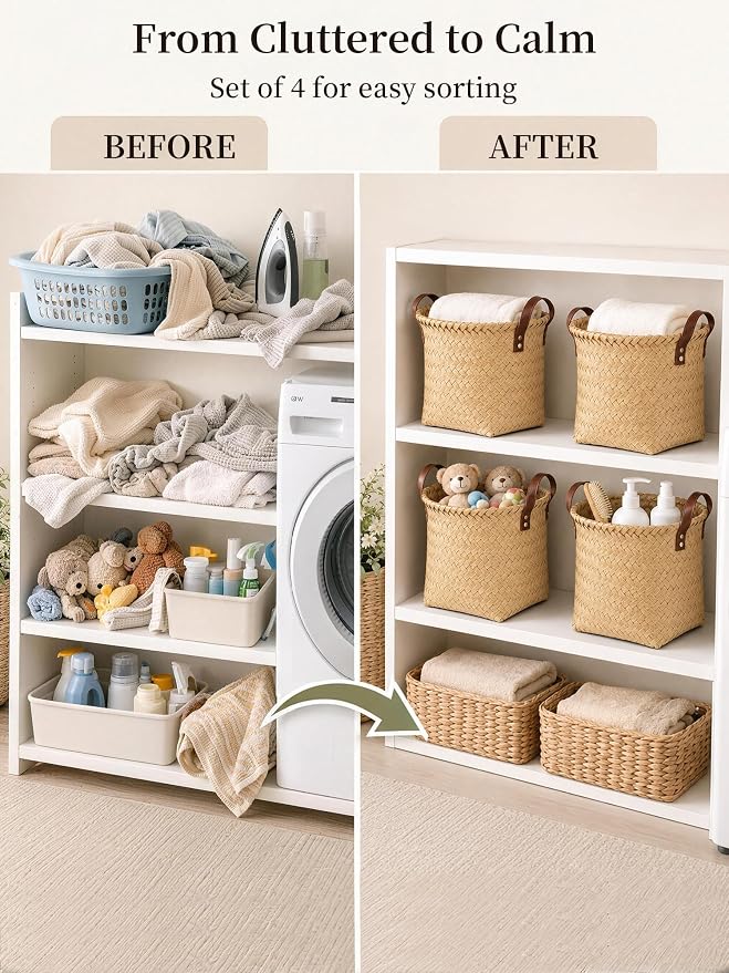 Wicker Storage Baskets, 4 Pack Woven Baskets for Shelves, Yellow | PP Rattan, Water-resistant Wicker Basket, Large Baskets with Faux Leather Handles for Blanket, Laundry Organizer, Room Decor