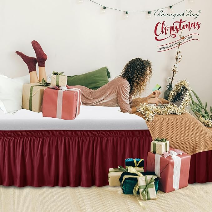 Wrap Around Bed Skirt Full Size Beds 15" Drop-Elastic Dust Ruffle Burgundy | Adjustable Pleated Bedskirt-Easy Fit Wrinkle Resistant Washable Bed Skirting-Hotel Studio Apartment Home Guest Bedroom Rental