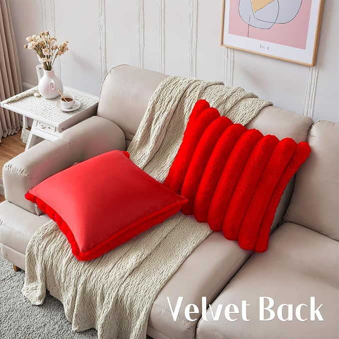 HAUSSY Pack of 2 Pillow Covers 24x24 Inch, Faux Fur Decorative Couch Throw Pillows Soft Striped Plush Cushion Covers Home Decor Cute Furry Pillowcase for Living Room Sofa Bed, Red (Covers Only)