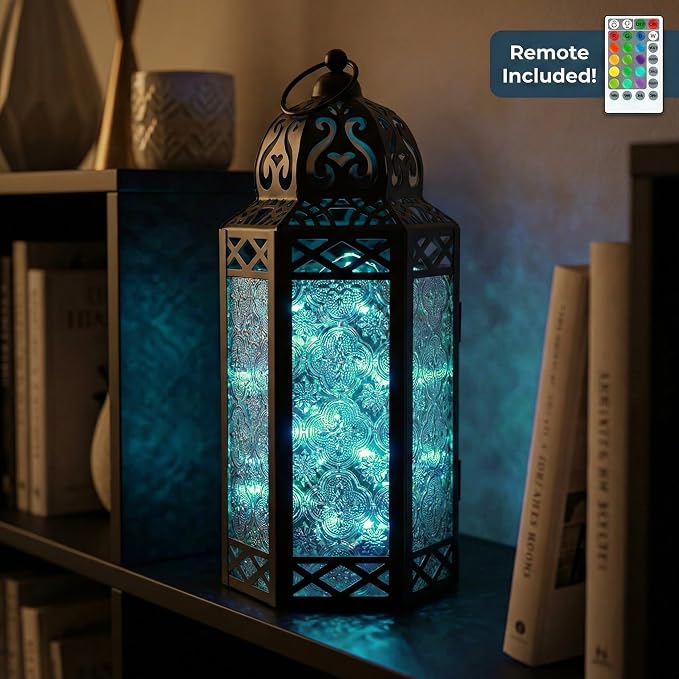 Vela Lanterns Decorative Indoor Fairy Light Color Changing Candle Holder, L | Diwali Ramadan & Eid Decorations, Fantasy Multicolor Moroccan Decor, Turkish Metal Hanging Lamp, Outdoor, 12" Tall