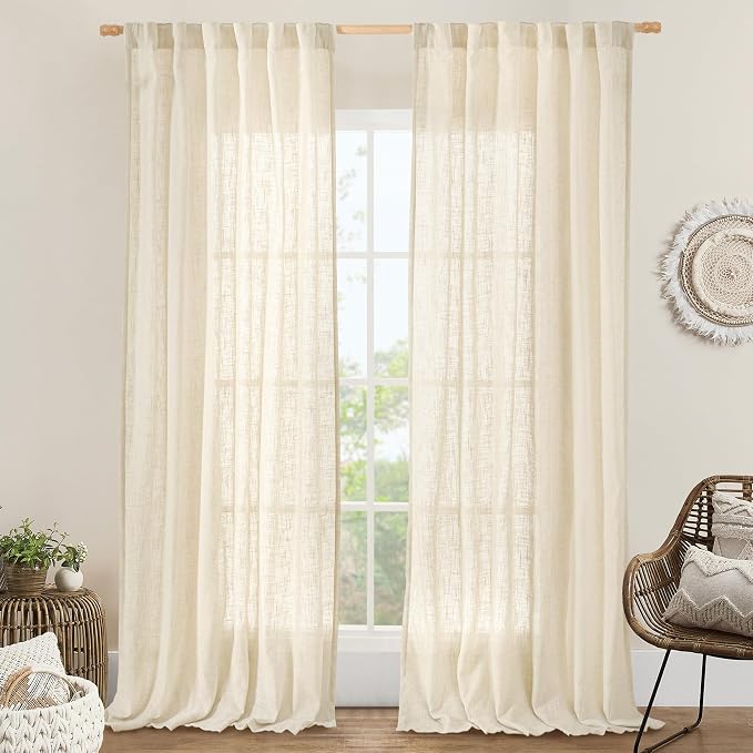 Linen Semi Sheer Curtains 96 inches Long 2 Panels Set, Beige | Light Filtering, Floor to Ceiling Curtains for Bedroom, Living Room, Sliding Glass Door, Rod Pocket Back Tab, 52 x 96 Inch