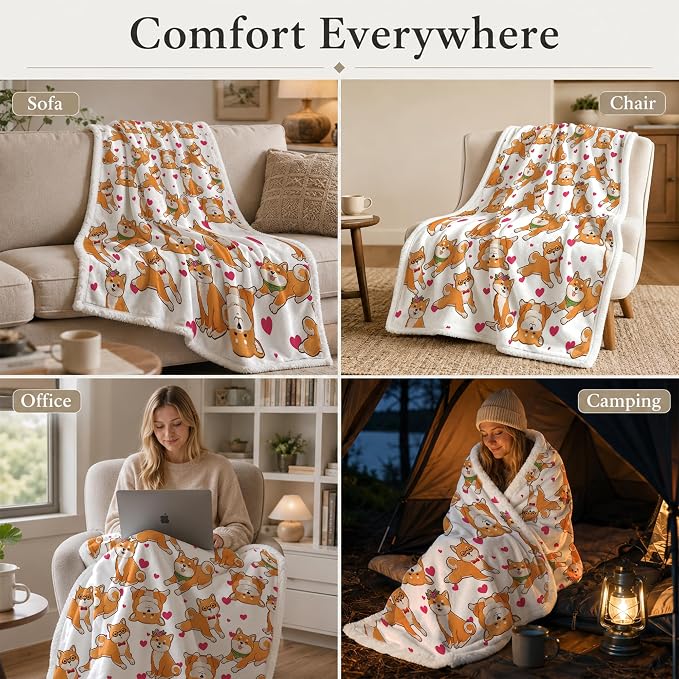BlessLiving Throw Blanket, White Dog Pink Animal, 50x60 in | sherpa fleece fabric, Shiba Dense Pet Blankets Kawaii Puppy print, for couch or sofa, pet lovers, easy machine care