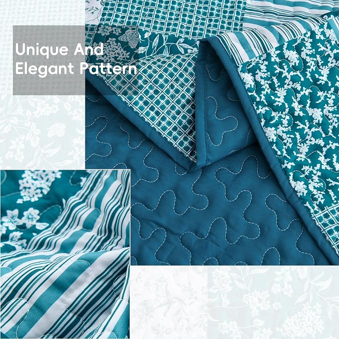 Mybedsoul Boho Quilt King Size, Patchwork Floral Bedding Set, Teal Blue | Soft Lightweight Microfiber Reversible Coverlet Set, 3 Pieces Plaid Bedspread, Bed Sets for All Seasons 90"x110"