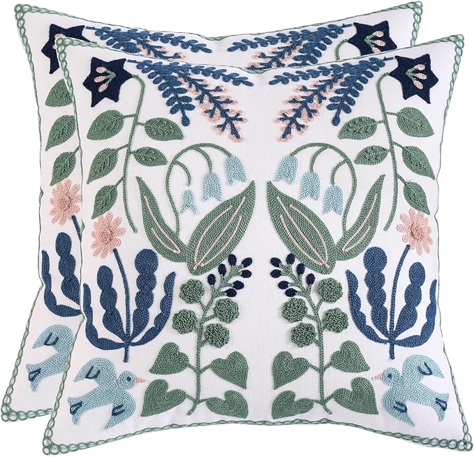 Embroidered Throw Pillow Covers 16x16 inch Set of 2 Blue Birds | Durable Fabric,Square Pillow Cover,Boho Decorative,Hidden Zipper,Aesthetic Design,Ideal Gift,Machine Washable