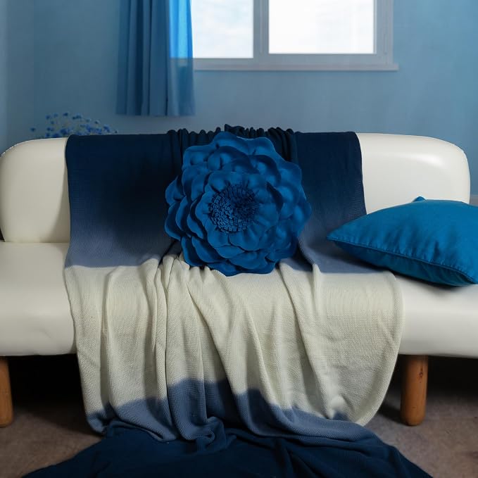 JWH Handmade Flower Throw Pillow Cover Decorative Peony Pillow Case Round Cushion Floral Pillowcase for Bedroom Bed Couch Living Room 14 Inch Royal Blue