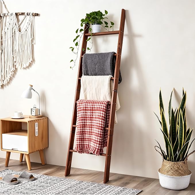 Blanket Ladder for Living Room and Bedroom,6-Tier Decorative Display Ladder Shelf,Ladder Rack for Storage and Decor,Wall Leaning Farmhouse Blanket Storage,Towel Rack, Bathroom,Brown