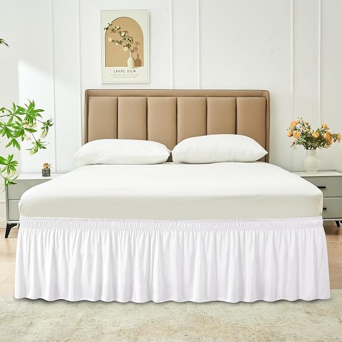 Wrap Around Bed Skirt Full Size Beds 16" Drop-Elastic Dust Ruffle White | Adjustable Pleated Bedskirt-Easy Fit Wrinkle Resistant Washable Bed Skirting-Hotel Studio Apartment Home Guest Bedroom Rental