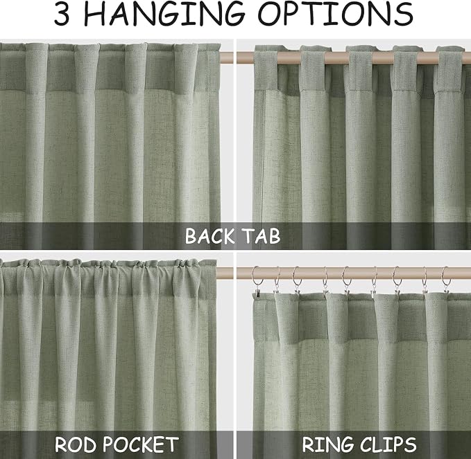 Desert Sage Linen Curtains for Living Room 126 Inches Long Light Filtering Semi Sheer Curtain Back Tab Rustic Farmhouse Decor Elegant Drapes Floor to Ceiling High Window for Bedroom 52x126, 2 Panels