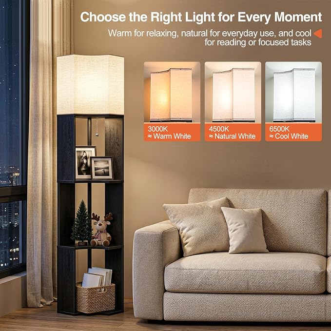 Floor Lamp with Shelves, Modern 3-Tier Wood Corner Storage Bookshelf Lamp for Living Room, 3 Color Temperatures LED Bulb Included, Tall Wooden Display Light, Black