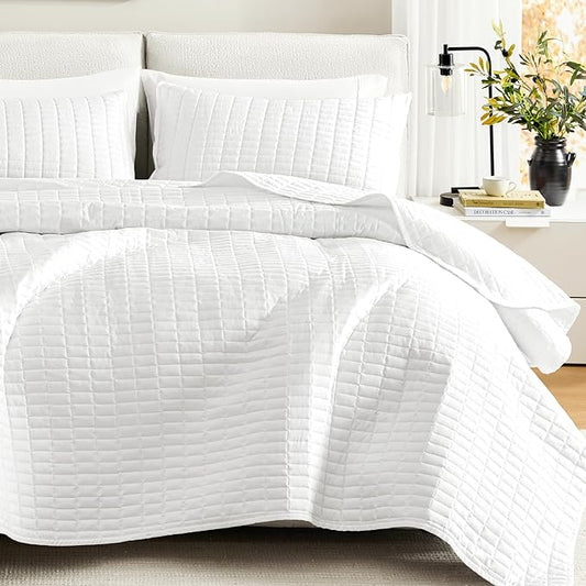 Comfort Spaces Kienna Queen Quilt Bedding Set 3 Piece, 90"x90" White | Soft Cozy Lightweight Summer Coverlet Full Size, Quilted Bedspreads Extra Layer, Modern Casual Bedroom Decor, OEKO-TEX