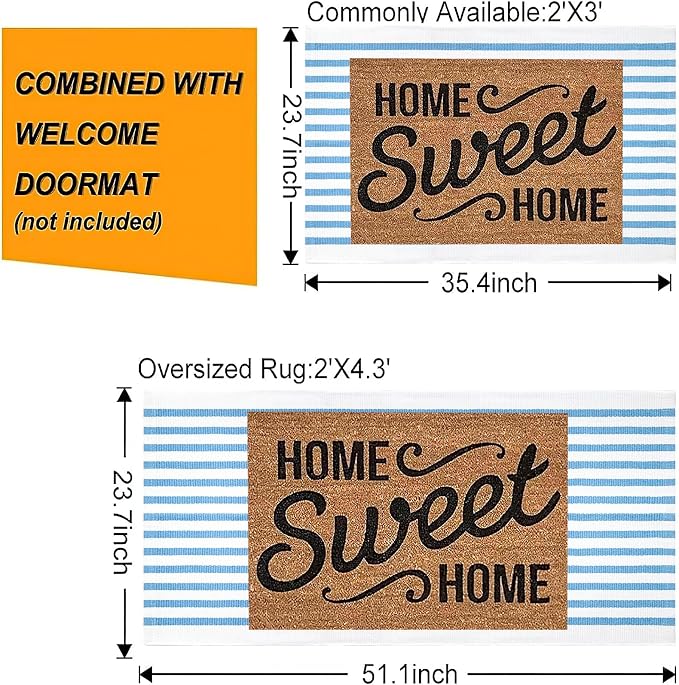 Front Outdoor Door Mat 2'x3',Light Blue Striped Outdoor Rug Machine Washable Cotton Layered Door Mat Entryway Throw Rug for Indoor Entrance