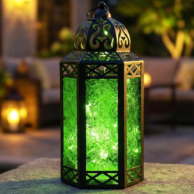 Vela Lanterns Decorative Indoor Fairy Light Candle Holder, Green, L | Fantasy Moroccan Lamp, Enchanted Forest Decor, Green Halloween & St Patricks Day, Metal Hanging Flameless LED, 12" Tall