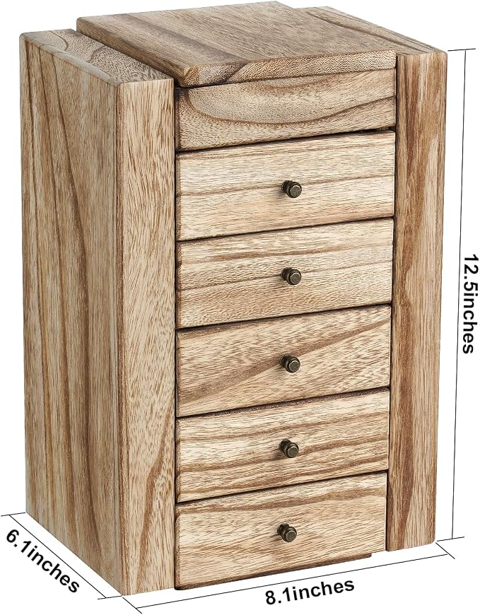 Meangood Jewelry Box Wood for Women, 6-Layer Large Organizer Box with Mirror & 5 Drawers for Rings, Earrings, Necklaces, Vintage Style, Carbonized Black