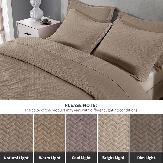 Maple&Stone Oversized King Quilt 128"x120", Huge Bedspread Brown | Breathable Coverlet with Chevron Pattern, All-Season Dorm Bed Cover Set Bedding Decor 3 Piece