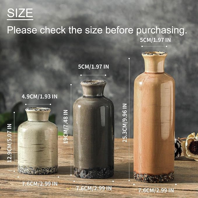 Ceramic Vase Set of 3, Neutral Flower Vases Home Decor, Pottery Rustic Farmhouse Decorative Vases Modern Decor for Table Mantel Entryway Bookshelf Living Room Kitchen Bedroom - Brown