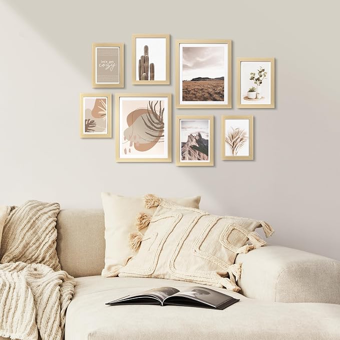 Gallery Wall Frame Set, 8 Pack Neutral Wall Decor, Beige, Small | Natural Collage Picture Frames Wall Art for Living Room, Entryway, Stairway, Bedroom, Assorted Size