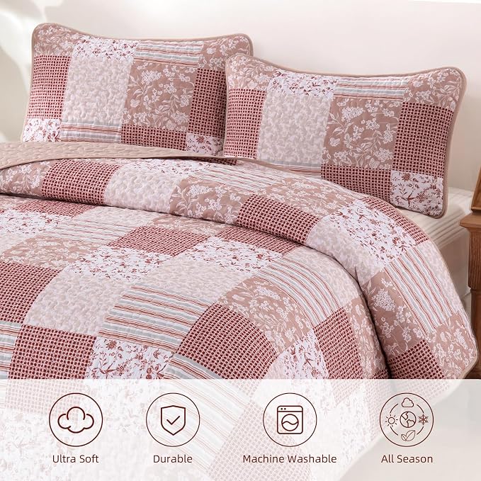 Mybedsoul Pink Boho Quilt King Size, Patchwork Reversible Bedding Set | Soft Lightweight Microfiber Floral Coverlet Set, 3 Pieces Plaid Bedspread, Bed Sets for All Seasons 90"x110"