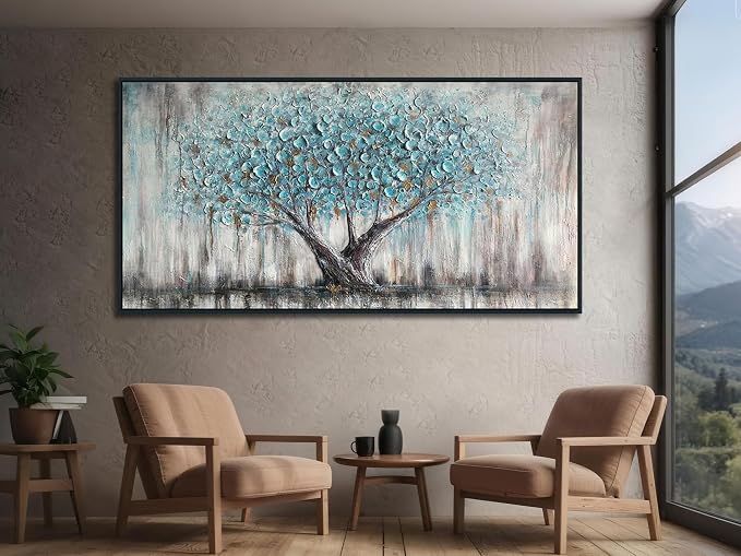 Arjun Framed Blue Tree Canvas Wall Art Extra Large Tree of Life Teal 58x29 | Living Room Bedroom Hand Painted Textured Painting Big Size Nature Picture Panoramic Landscape Artwork Home Office Wall Decor