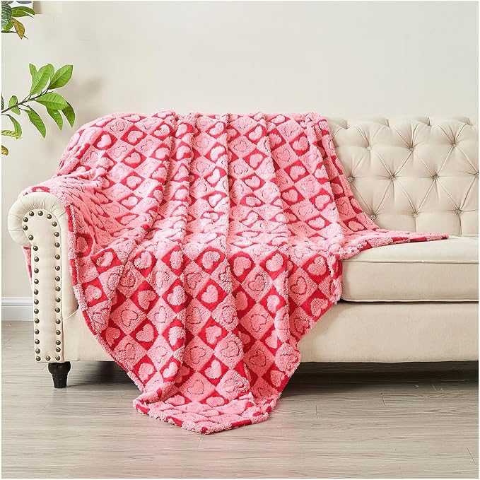 FY FIBER HOUSE Throw Blankets with Heart Checkered,Soft Warm Blankets for Lover Mom Father Gifts,Washable Lightweight Fuzzy Blanket for Couch Sofa Bed Office All Season(Hot Pink & Pink,50"x60"