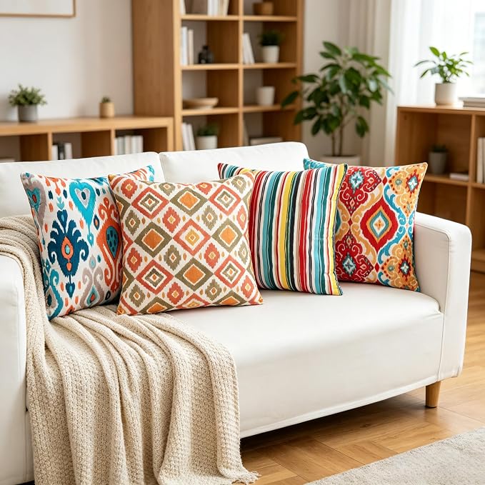 Boho Throw Pillow Covers 18x18 Set of 4 Colorful Ikat Geometric Decorative Cushion Covers with Hidden Zipper Soft Polyester Double Sided Print Machine Washable, No Inserts