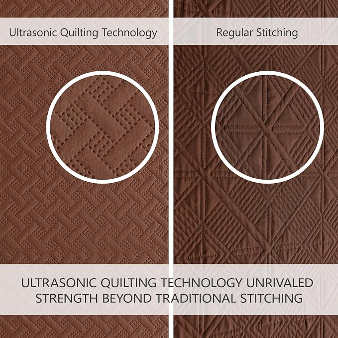 FLYMME King/Cal King Size Quilt Bedding Set, Brown Lightweight Microfiber Bedspread, Modern Geometric Weave Stripe Pattern, Soft Summer & All-Season Bed Coverlet, Includes 1 Quilt & 2 Shams