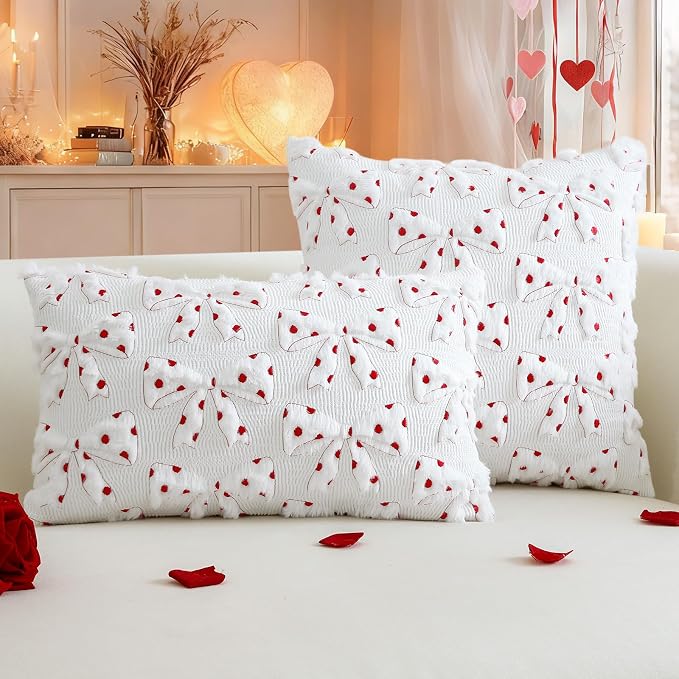 Artscope Valentines Bow Pillow Covers 12x20 Set of 2 Decorative Valentine's Day Throw Pillow Cases Soft Plush Faux Fur Couch Cushion Case for Holiday Sofa Bed Room Home Decor-White Bow