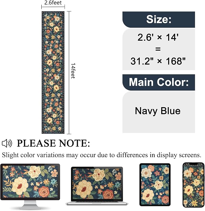 DUKINO 2.6x14 Washable Runner Rug, Floral Non Slip Runner Rug, Navy Blue | Soft, Low Pile, Ultra Thin Indoor Long Rug Runner for Hallway, Entryway, Kitchen, Bedroom, Bathroom, Pet Friendly, Home Decor
