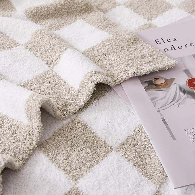 Checkered Throw Blanket for Couch, Soft Cozy Warm Knitted Blankets | Lightweight Fuzzy Travel Warm Decor for Women, Mom, Girls, Sofa, Chair, 50x70in, Taupe