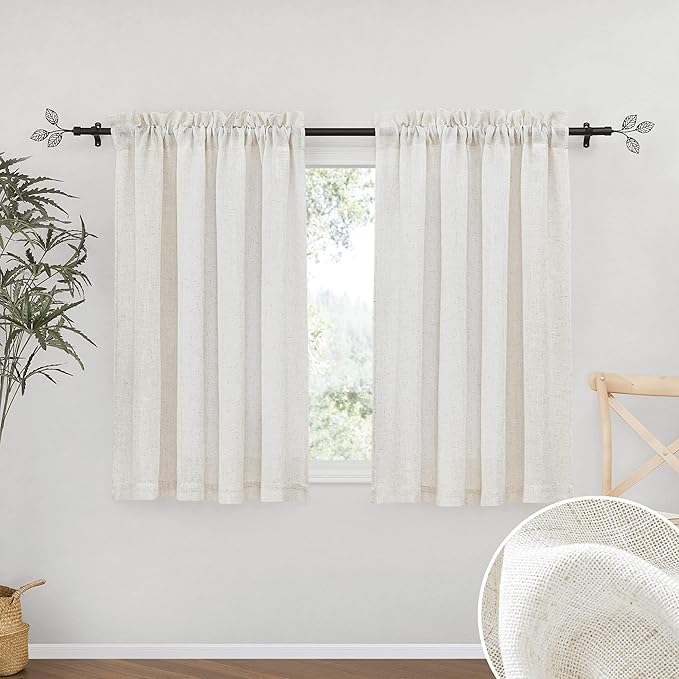 RYB HOME Short Semi Sheer Curtains for Small Window 45 inches Long | Light Filtering Privacy, Boho Country Rustic, Kitchen Cafe Bathroom RV Camper, Rod Pocket, W42 x L45, Linen, 2 Panels