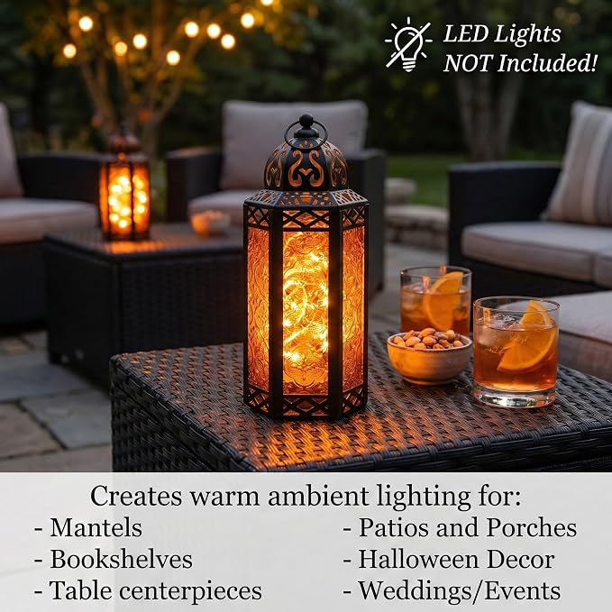 Vela Lanterns Decorative Indoor Moroccan Candle Holder, Amber, M | Halloween Decorations, Amber Orange Glass Decor, Gothic Dark Academia Lamp, Turkish Votive Pillar Tealight, 10.5in Tall