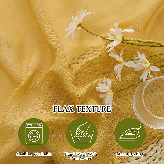NICETOWN Linen Sheer Curtains 72 inch Length 2 Panels, Grommet Linen Blend Privacy with Light Filtering Gold Window Drapes for Bedroom/Girls Room, Citrine, W52 x L72, 2 Panels