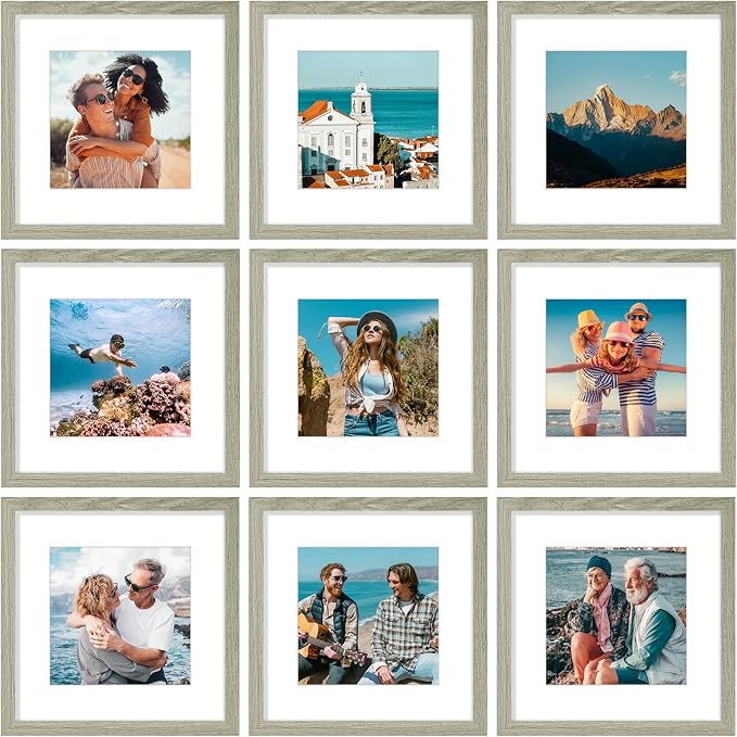 Vittanly 12x12 Picture Frames Set of 9 for Wall Mounting, Driftwood | Display Pictures 8x8 with Mat or 12x12 without Mat for Wall Mounting, Square Photo Frames for Home Decor, Engineered Wood