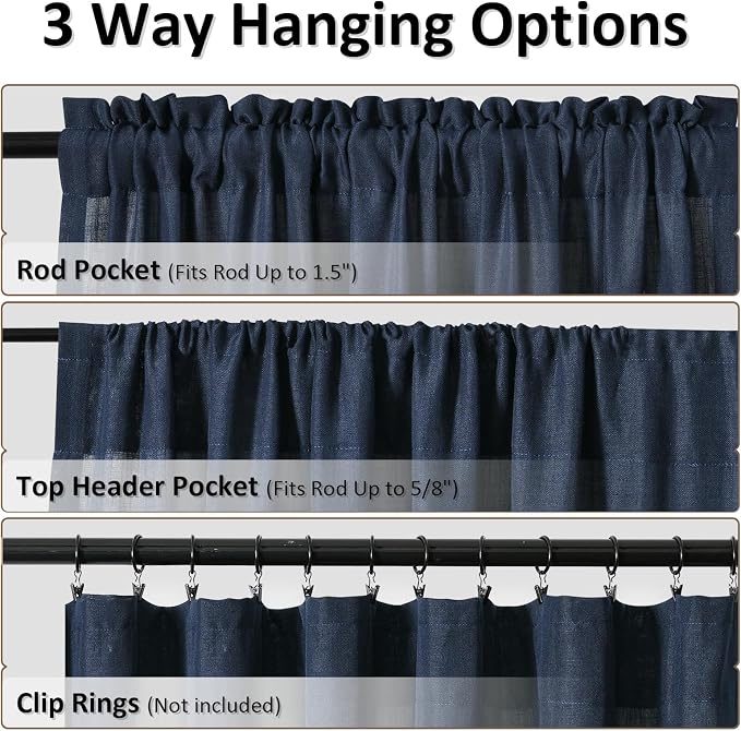 Navy Blue Linen Curtains 84 Inch Length for Living Room Bedroom 2 Panels Set Rod Pocket Light Filtering Semi Sheer Window Curtains 52 Inch Width Boho Farmhouse Linen Drapes, W52xL84