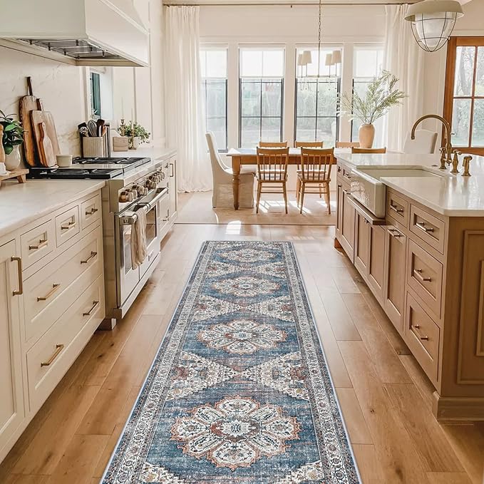 Washable Kitchen Runner Rug 2x10: Non-Slip Hallway Rugs Indoor Soft Low Pile Stain Resistant Carpet for Bedroom Laundry Entryway Ultra-Thin Vintage Home Decor Floor Mat for Bathroom (Blue, 2 x 10)