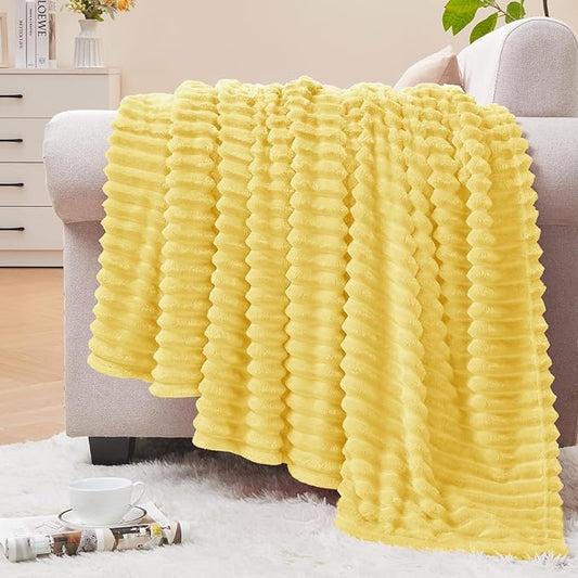 BEDELITE 3D Ribbed Light Yellow Fleece Twin Blanket for Bed, 60x80 Inch | Soft Warm Decorative Fluffy Blanket, Cozy Plush Lightweight Fuzzy Throw Blanket for Couch Sofa Room Decor, Gift for Women