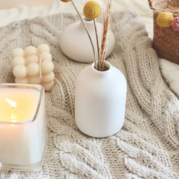 Carrot's Den Small White Ceramic Bud Vase Set of 6, Flower Centerpieces | Mini stoneware profile, sealed to hold water. Six matching pieces line up along a dining table, mantel, or open shelves.
