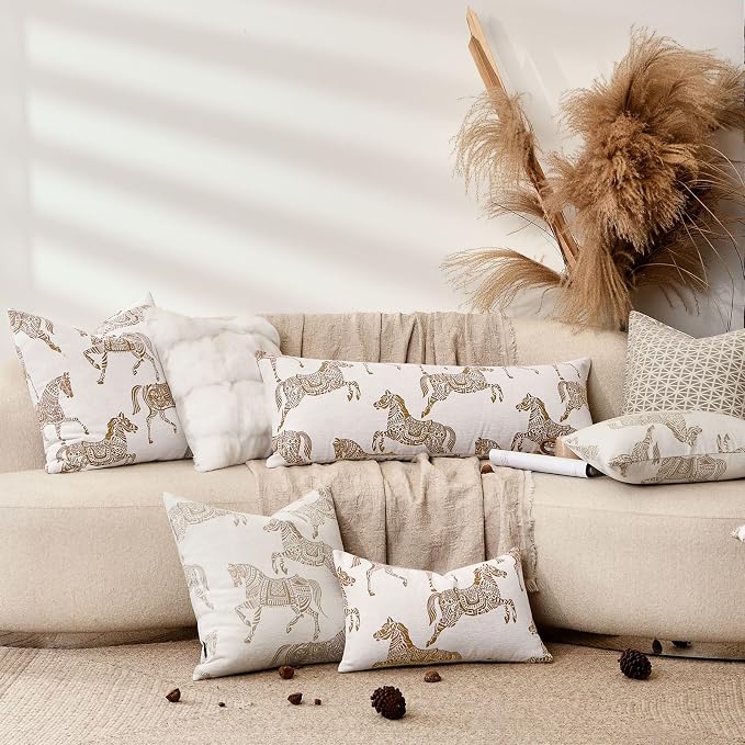 Throw Cushion Pillow Covers 20 x 20 inches, Double Sided Orange Horse Pattern Jacquard Pillows Cover, Luxury Decorative Pillow Cover for Bed Couch