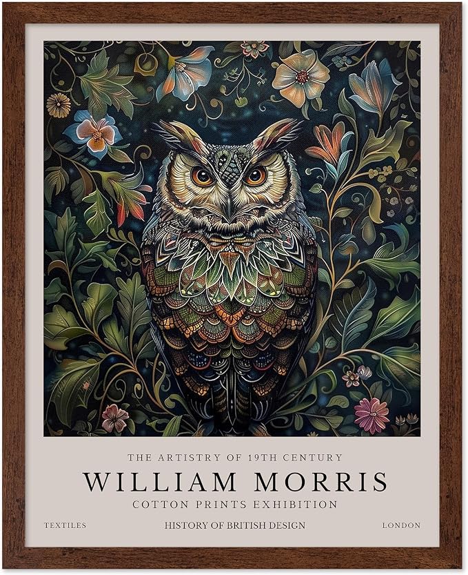 Poster Master William Morris Poster - Owl Print - Bird Art - Botanical Art - Flower Design - Exhibition Artwork - Animal Illustration - Floral Illustration - Aesthetic Design - Office or Bedroom Decor - 11x14 Brown Framed