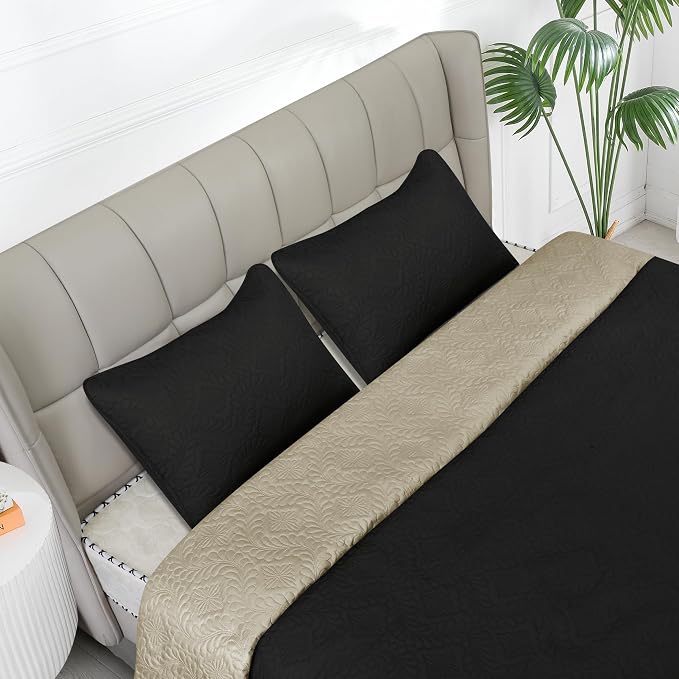 Easy-Going Reversible Quilt Set King, Bedspread with 2 Shams | Olive leaf-Black/Beige, Lightweight Bed Comforter, 1 Quilt + 2 Pillow Shams, All-Season Coverlets for Bedroom