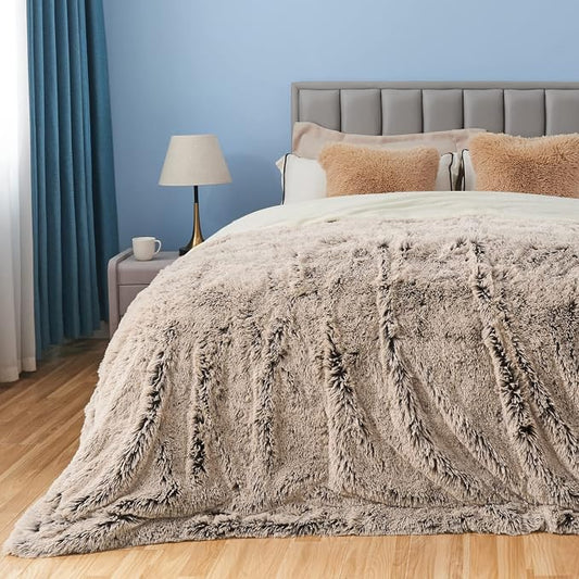 GONAAP Fuzzy Faux Fur Queen Blanket for Couch, Frosty Brown, 90"x90" | Warm Cozy Plush Shaggy Decorative Reversible Thick Non-Heated Fleece Blanket for Sofa Bed, Gift for Women Men, All Season Use