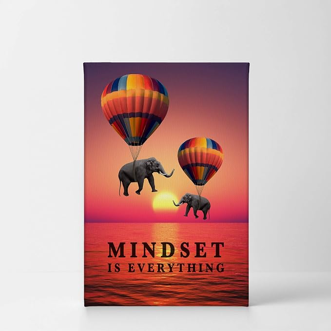 Smile Art Design Mindset is Everything Elephant with Balloon Sunset View Motivational Wall Art Canvas Print Inspirational Entrepreneur Quote Modern Office Decor Artwork Gift Ready to Hang 12x8