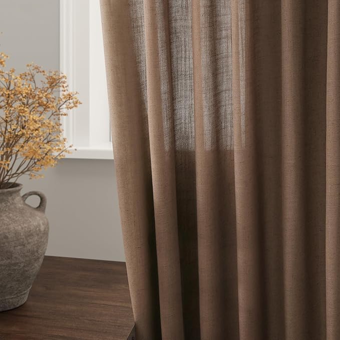 Caramel Brown Linen Curtains 96 Inches Long for Living Room Rod Back Tab Burlap Textured Linen Drapes Vintage Rustic Farmhouse Light Filtering Curtain 96 Inch Length for Dinning Room Bedroom 52x96