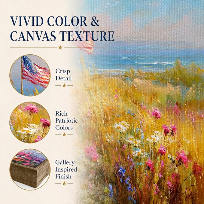 American Flag Framed Canvas Wall Art, 4th of July Patriotic Canvas Prints | Wildflower Landscape Poster Print, Vintage Rustic Independence Day Wall Decor for Bedroom Living Room Office 8×10in