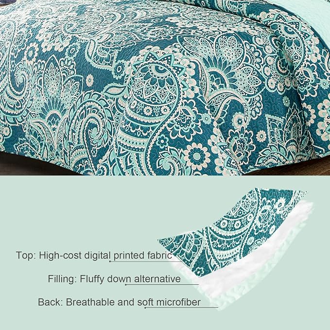 Whale Flotilla Patchwork Quilt King Size, Extra Soft Boho Paisley Bedspread | Reversible Lightweight King Quilt Bedding Set for Bed, Turquoise Printed Coverlets with 2 Pillow Shams for All Seasons
