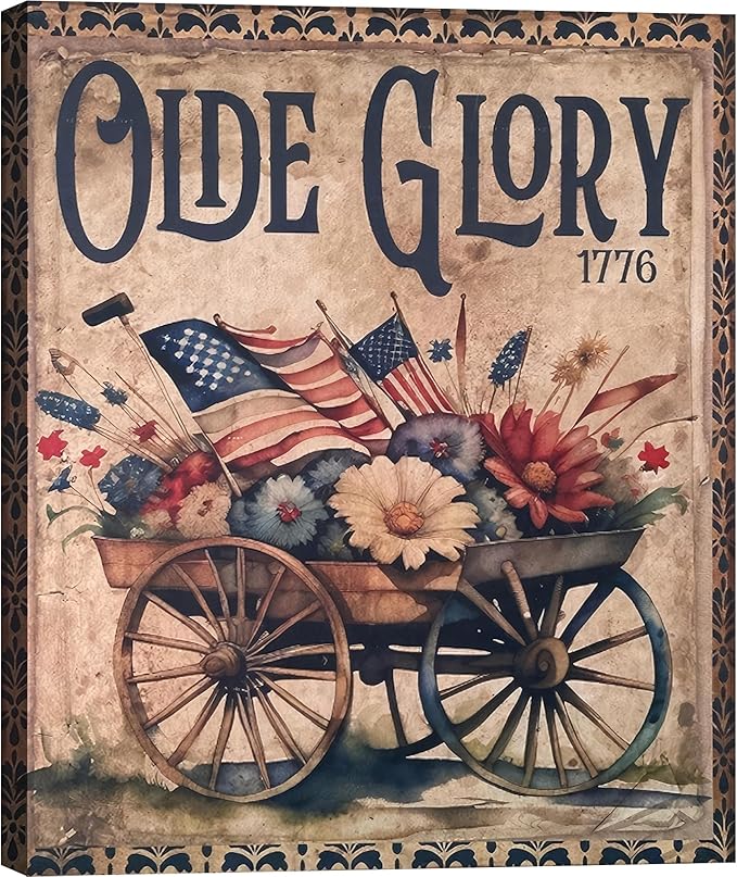 Framed Olde Glory 1776 American Flag Wall Art, Patriotic Vintage Canvas Art Pictures, USA Flag Flower Wall Decor, Made in USA Ready to Hang for Living Room Entryway