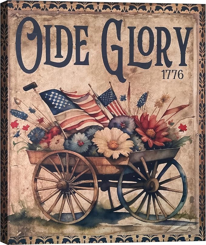 Framed Olde Glory 1776 American Flag Wall Art, Patriotic Vintage Canvas Art Pictures, USA Flag Flower Wall Decor, Made in USA Ready to Hang for Living Room Entryway