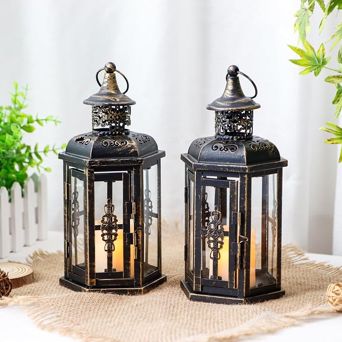 JHY DESIGN Decorative Candle Lanterns Set of 2 10" H Vintage Hanging Lanterns Metal Candleholders for Indoor Outdoor Home Parities and Weddings (Black with Gold Brush)