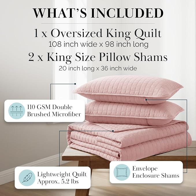 Southshore Fine Living, Inc. Pink King Quilt Set with 2 Pillow Shams, Stitched Lightweight Coverlet, King Size, Stain & Pet Hair Resistant Bedding Set, Fits Standard or California Beds, Pastel Pink