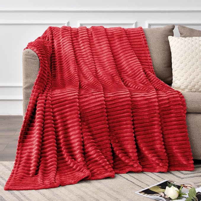 BEDELITE 3D Ribbed Jacquard Red Fleece Throw Blanket for Couch, 50x60 Inch | Soft Warm Decorative Fluffy Blanket, Cozy Plush Lightweight Fuzzy Throw Blanket for Bed Sofa Home Room Decor, Gift for Women